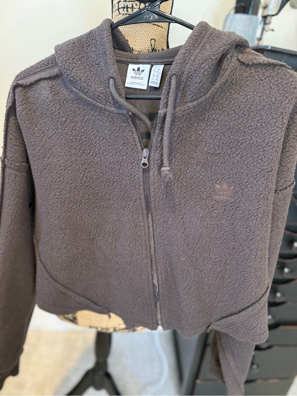 adidas Cropped Teddy Sherpa Hoodie Jacket in Brown - Picture 7 of 9